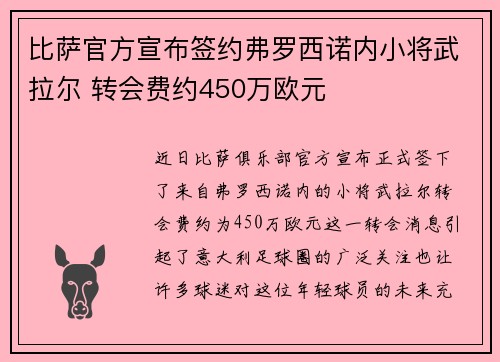 比萨官方宣布签约弗罗西诺内小将武拉尔 转会费约450万欧元