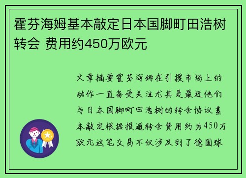 霍芬海姆基本敲定日本国脚町田浩树转会 费用约450万欧元