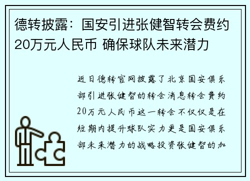 德转披露：国安引进张健智转会费约20万元人民币 确保球队未来潜力
