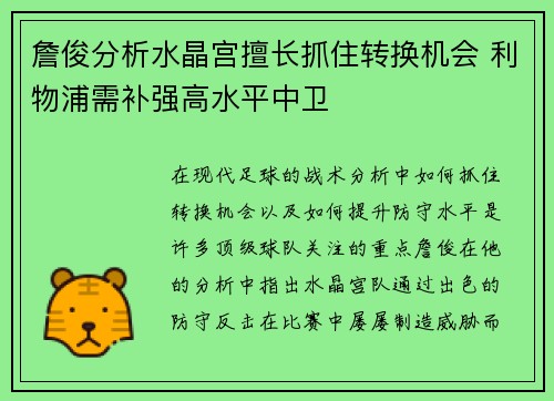 詹俊分析水晶宫擅长抓住转换机会 利物浦需补强高水平中卫