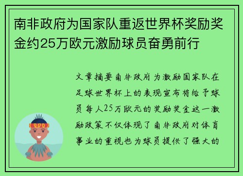 南非政府为国家队重返世界杯奖励奖金约25万欧元激励球员奋勇前行